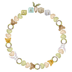 Round frame for baby in pastel colors. Watercolor wreath, backdrop for birthday card, gender party, baby shower, children's party. Greeting card, invitation in Scandinavian, boho, and retro styles. 
