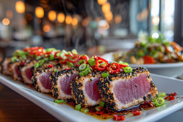 Slices of seared sesame-crusted tuna garnished with fresh red chili and green scallions served on a rectangular white plate in a warm restaurant setting
