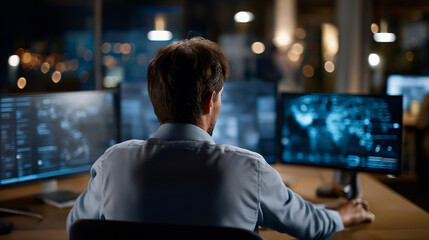 Cybersecurity data analysis performed by specialist using multiple displays faceless worker defocused tech background cyber safety measures implementation security monitoring