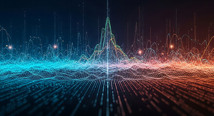 Digital Data Visualization: A mesmerizing display of digital data transforms into a vibrant visual experience, showcasing the intricate connections and patterns inherent in modern data analysis.