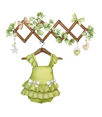 Girl's clothes hanger decorated with eucalyptus. Watercolor composition for a baby shower, birthday, children's party, or birth. Nursery interior in Scandinavian, boho, and retro styles.
