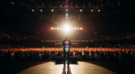 Center Stage: The compelling image features a single figure illuminated by a spotlight, standing before a large audience, all bathed in a warm glow of anticipation.