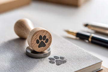 Wooden rubber stamp with a paw print design on fabric notebook beside two elegant fountain pens on a bright desk surface in daylight