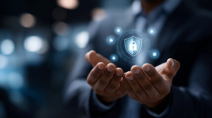 Access management specialist holding secure global industry symbols faceless professional defocused digital background identity verification systems authentication protocols