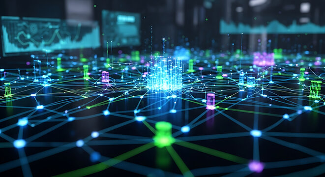 Digital Network Visualization: Intricate network of interconnected data points, representing the complex world of modern technology and data flow, illuminated in a captivating display of light.