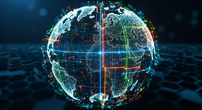 Global Connectivity: A mesmerizing depiction of planet earth enveloped in a luminous web of data streams, symbolizing the ever-expanding reach of technology and the interconnectedness of our world.