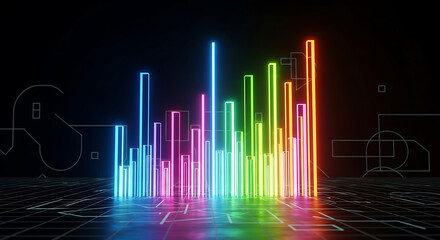 Neon Frequency Spectrum: A captivating display of vibrant neon bars, dancing across a futuristic grid, showcasing the dynamic energy of sound and music in an artistic representation.