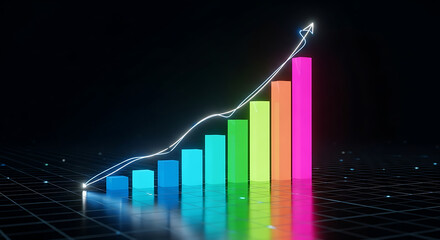 Visualizing Growth and Success: A vibrant bar graph and line chart ascend, symbolizing business expansion and progress within a dynamic, dark atmosphere. 