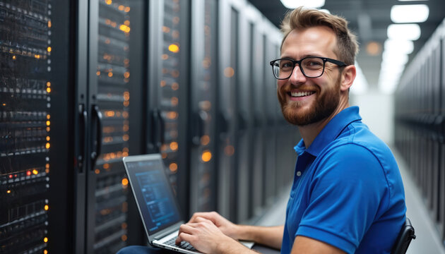 Smiling man in glasses works on laptop inside tech data center. Bearded IT engineer with computer server racks. Person in server room uses digital tech.