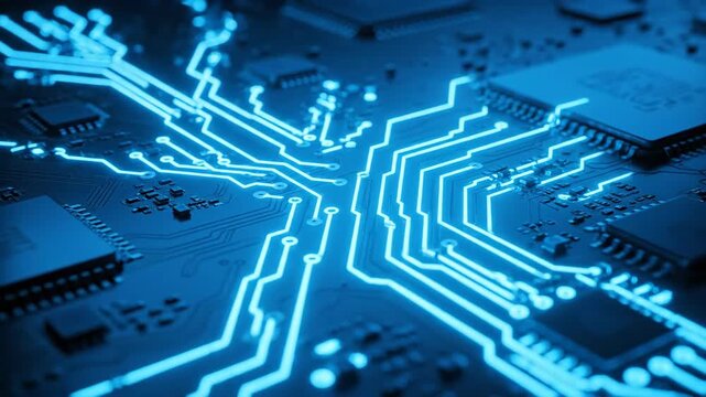 Glowing circuit board displays complex electronic pathways for communication. Close-up highlighting glowing pathway circuitry, motherboard components for computer functionality illustrates technology.