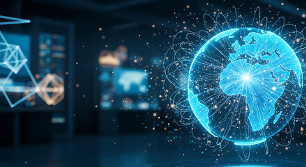 Global Network Visualization: A stunning visualization of the global network, showcasing interconnectedness. Represents the digital world's intricate connections and vast potential