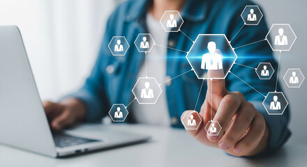 Person interacting with a network of connected people icons, representing connections and networking.