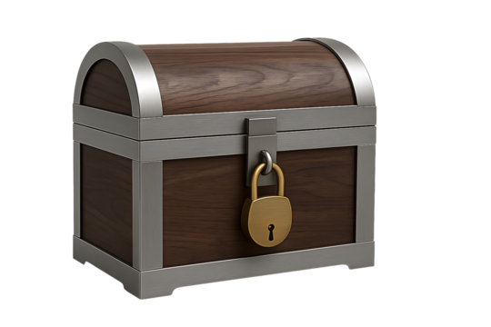Locked wooden treasure chest isolated on transparent background