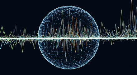 Data Visualization: A vibrant visual representation of complex data, featuring interconnected nodes and fluctuating waveforms that illustrate the dynamics of information.