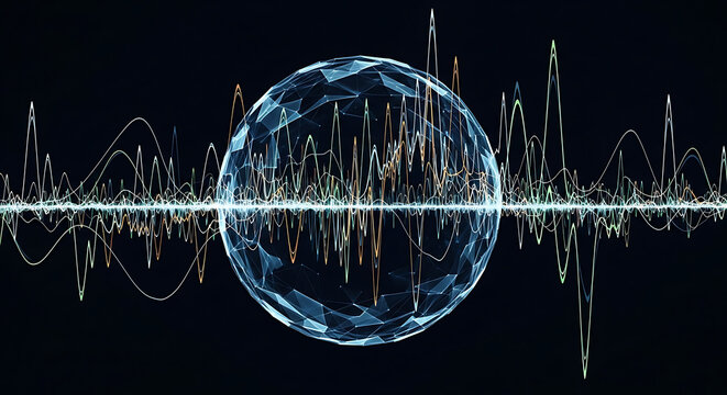Sound Wave Visualization: A stunning display of sound wave patterns converging around a central, glowing sphere, showcasing the intricate beauty of sonic data visualization.