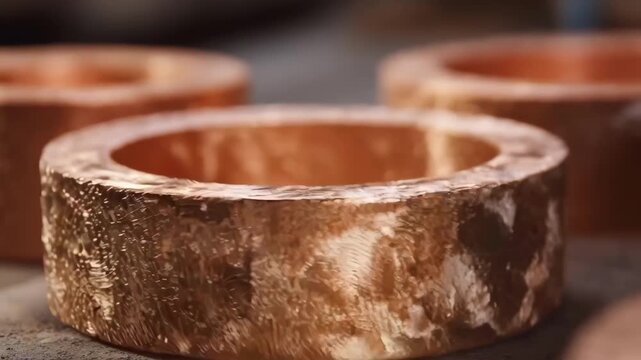 Focused shot of textured copper molds with fine details emphasizing surface finishing and readiness for molten metal casting.