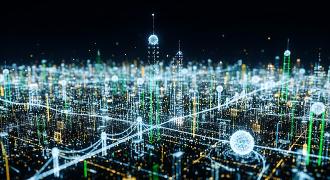 Digital Metropolis: An eye-level shot captures a futuristic cityscape pulsating with data streams, reflecting the interconnectedness of modern urban life.