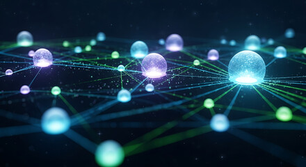 Digital Network: An abstract representation of a complex digital network, showcasing interconnected nodes and data flow through illuminated spheres.
