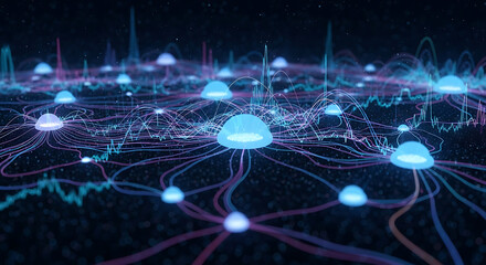 Network Visualization: An abstract representation of a complex network, showcasing interconnected nodes and data streams. Intricate lines and glowing orbs create a visual symphony of information flow.