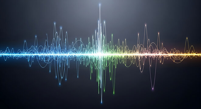 Vibrant Sound Wave: A dynamic display of sound visualized as a vibrant wave, surging with energy and color against a dark backdrop. Capturing the essence of audio.