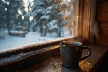 Cozy winter morning in a cabin with a steaming mug of cocoa, surrounded by snow-covered trees and winter scenery