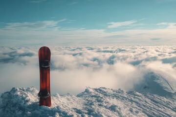 Standing on a mountain peak above the clouds, a snowboard rests on the snowy terrain, inviting adventure in a winter wonderland