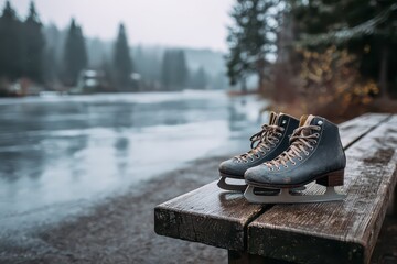 Ice skates rest on a wooden bench by a serene frozen lake in a snowy mountain landscape during a calm winter afternoon