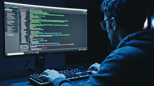 Person coding at computer and working on system security with lines of code illuminated on screen. Coding ensures system security and safeguards network data.