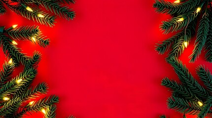 Red Christmas background with decorated Christmas tree and festive ornaments