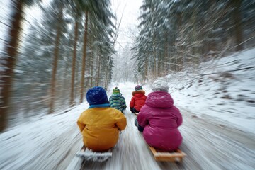 Kids sledding down a snowy hill in colorful winter clothes, enjoying a fun day in the mountains surrounded by trees