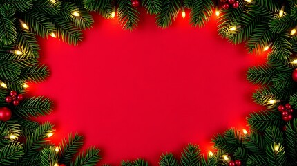 Christmas wreath and festive frame with tree branches and red ribbon bow holiday decoration illustration