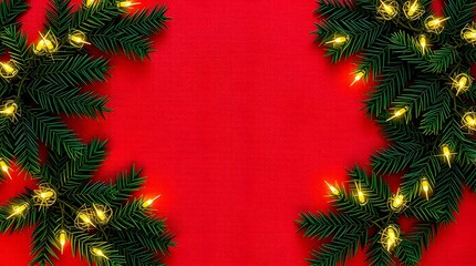 Christmas wreath with red ribbon and bow on festive red background   