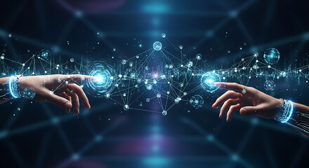 Digital Connection: Human and Artificial Intelligence: Two hands, one human and one digital, converge in a futuristic display of interconnectedness.
