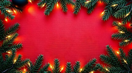 Christmas holiday frame with evergreen fir branches, pine cones, and festive decorations