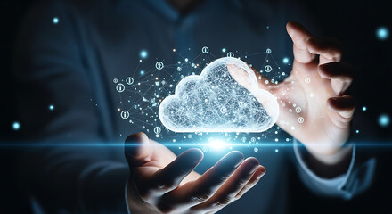 Cloud Data in the Palm of Your Hand: A pair of hands tenderly cradle a luminous cloud, symbolizing the accessibility and the potential of data storage and technological innovation.