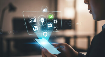 Tech-Savvy Interaction: A focused individual engages with futuristic holographic interface emanating from smartphone, representing innovative technology at fingertips