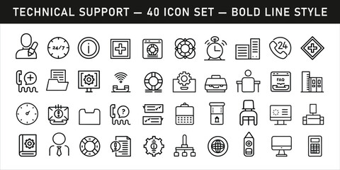 Technical Support Icon Set — 40 Bold Line Style Customer Service & Help Desk Icons.