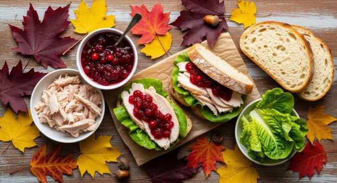 Thanksgiving feast with turkey sandwiches, cranberry sauce, and fresh lettuce, perfect for autumn.
