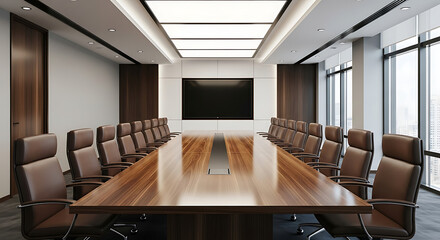 Conference Room: A modern conference room, featuring a long, polished wooden table, comfortable leather chairs, and a large display screen, all illuminated by a soft, diffused light.