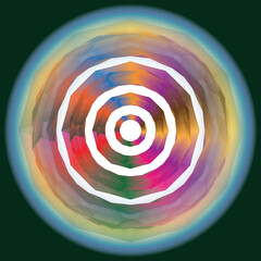 A richly saturated multicolor radial glow composition featuring layered translucent crystalline textures, prismatic pigment blending, deep cosmic contrasts, and luminous concentric ring structures.