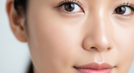 Close-up of a young woman's clear skin with natural makeup highlighting her features