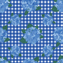 Coastal Hydrangea Pattern Collection Blue Florals Stripes Gingham Seamless Vector Set