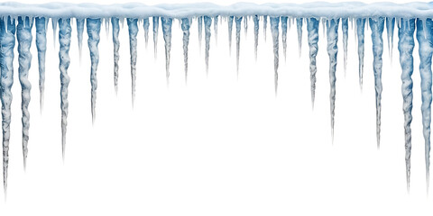 Row of icicles hanging down isolated on white background