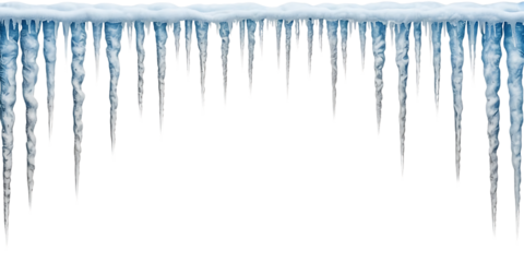 Row of icicles hanging down isolated on white background