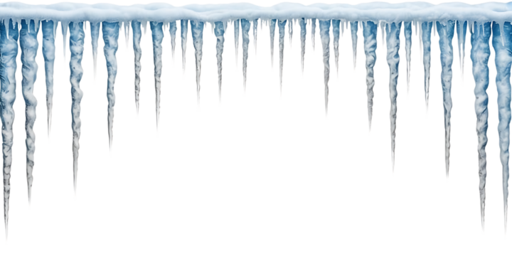 Row of icicles hanging down isolated on white background