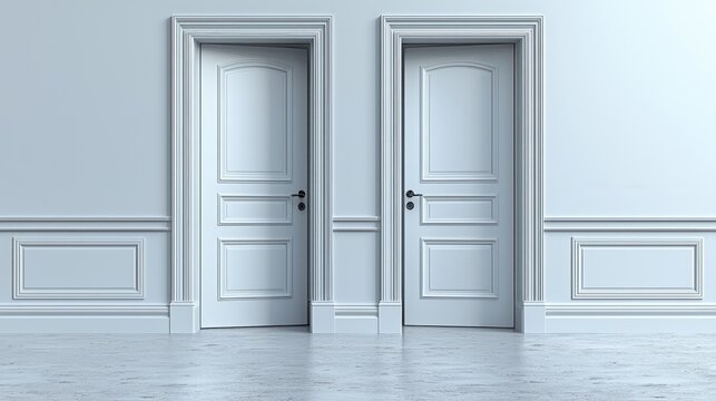 Two white doors in a light-gray room; interior design; choice;  possible use for real estate