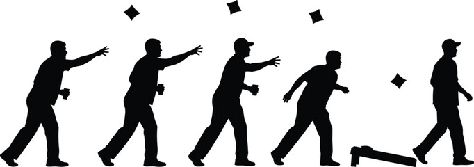 Cornhole throwing motion silhouette sequence with bean bag toss, dynamic player gestures, and game board in sporty vector style.