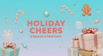 Holiday Cheers Seasons Greetings Banner with 3D Gifts Candy Canes Ginger Man and Ornaments on a Teal Purple Gradient Background