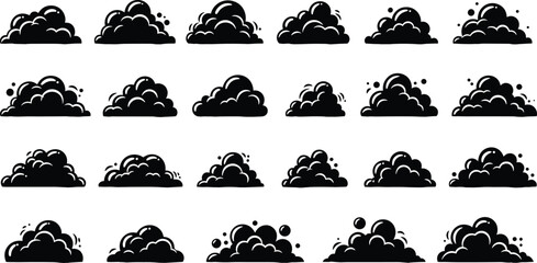 Comic-style dust cloud vector set with black puff silhouettes for motion, impact, explosion, and animated graphic design effects.