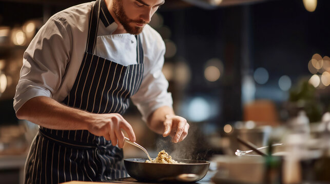 Adult male culinary professional in restaurant kitchen environment faceless chef defocused cooking background food preparation workspace gastronomic expertise setting